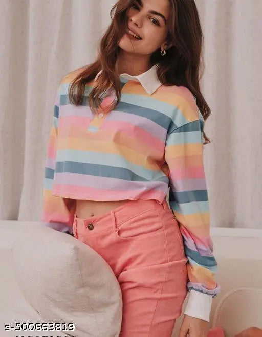 Women's Light Rainbow Trendy Shirt Color neck Full Sleeves Tshirt