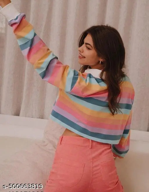 Women's Light Rainbow Trendy Shirt Color neck Full Sleeves Tshirt