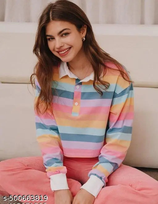 Women's Light Rainbow Trendy Shirt Color neck Full Sleeves Tshirt